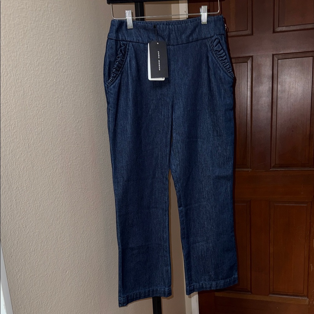 NWT Zara Woman Navy Blue Jeans Ruffle Side Pockets Flare Pants Women’s Size S